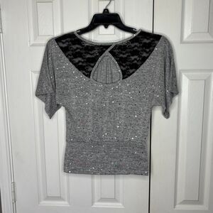 IZ Byer Small Gray Sequin Lace Back Short Sleeve Top